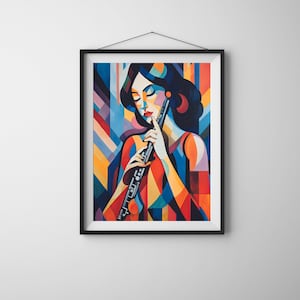 Girl with a flute, girl playing flute, colorful print, girls room wall art, music school decor, colorful girl playing flute