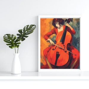Woman playing viola wall art, woman in red dress playing instrument print, music wall art, music lover gift
