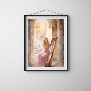 Woman playing the harp, musical instrument print, classic antique painting, musical room decor