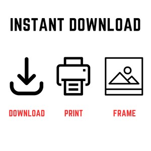 Op de afbeelding: Direct download-pictogram met een pijl naar beneden in een cirkel, een printerpictogram en een fotolijstpictogram. De tekst onder de pictogrammen luidt "Downloaden", "Afdrukken" en "Lijst".