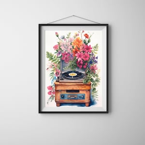 Retro vinyl poster, Reatro vinyl player, music gift idea, vintage illustration, wall decor, vinyl disc, music player