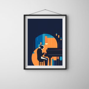 Man playing piano painting, musical instrument home decor, music guitar