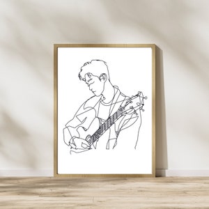Minimalist man playing guitar line art, music wall art, instrument prints, simple sketch printable, music wall art