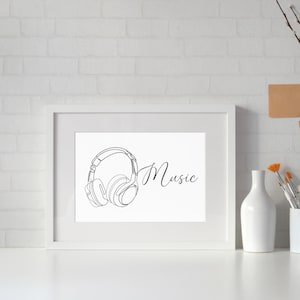 Minimalistische Kopfhörer Linie Kunst, Musik Druck, Kopfhörer printable, minimalistische Musik Wandkunst