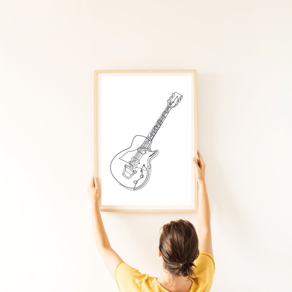 Guitar line art, minimalist guitar line art, music prints, outline drawing, simple sketch, stringed instrument artwork