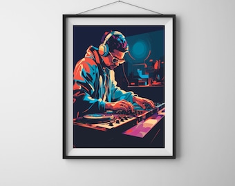 DJ Colorful print headphone music wall art poster, room decor, gift dj, musical decor art music studio