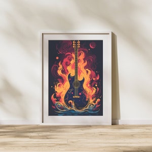 Fire and guitar surrealist design hooks  print wall decor, ready to hang wall print, design painting wall decor