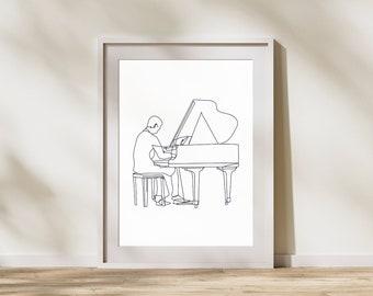 May include: A black and white line drawing of a person playing a grand piano. The drawing is in a simple, minimalist style.