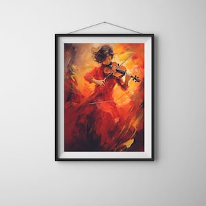 Woman playing viola wall art, woman in red dress playing instrument print, music wall art, music lover gift