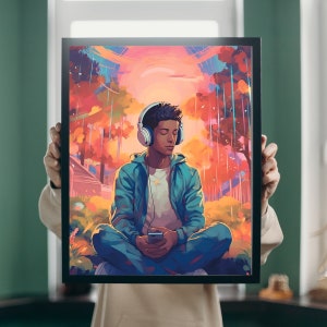Colorful boy portrait listening to music, boy listening to music print, gift for music lovers, music wall art, boy with headphones print