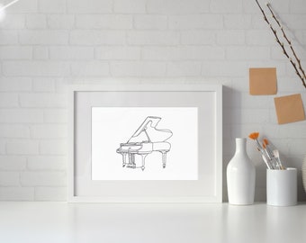 Música de piano uma linha arte desenho cartaz de decoração de arte de parede, piano de cauda minimalista, impressão de arte de linha de instrumento