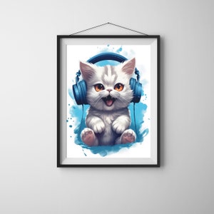 Cat with headphones wall art, cat with headphones printable art, cat music digital print