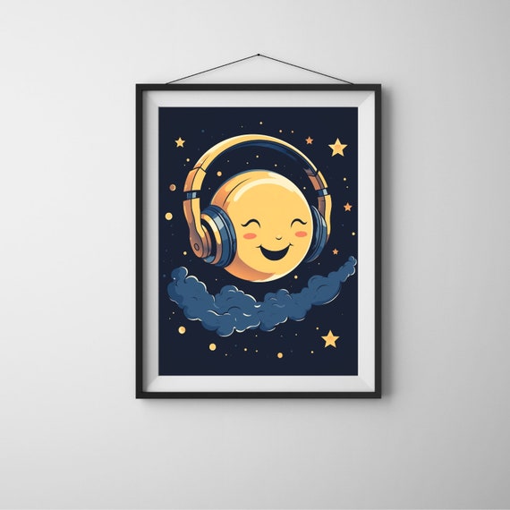 Moon With Headphones, Moon Wall Art, Moon Poster, Original