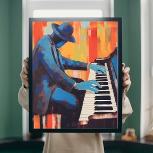 Man playing piano painting, musical instrument home decor, music guitar