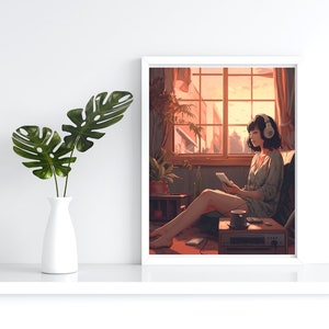 Colorful woman portrait listening to music, girl listening to music print, gift for music lovers, music wall art, girl with headphones print