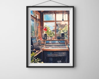 May include: A watercolor painting of a music studio with a large mixing board, a computer monitor, and a red lamp. The studio has a window with a view of a green landscape.