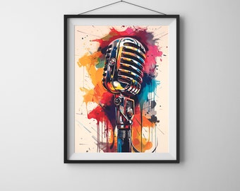 Microphone graffiti wall decor, microphone watercolor print music wall art, musical decor, abstract music digital download