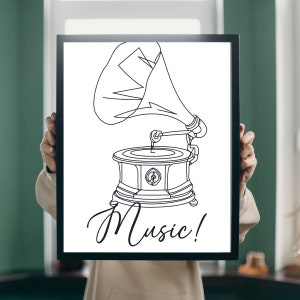 Minimalist vintage Gramophone line art, printable retro home decor, old gramophone poster, vintage gramophone line art, gramophone