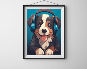 Dog with headphones art print, dog wall art poster, original paint artwork, funny poster