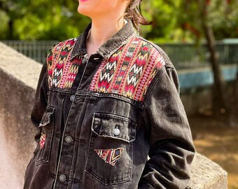 Handmade Black Denim Jacket with Geometric Fabric - Custom Women's Fashion Statement Piece - Unique Gift for Her 