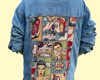 Customized Denim Jacket with Pop Art and Comic Books - Handmade Women's Pop Art Jacke - Comic Books Denim Jacket - Christmas gift