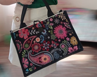 Hand-Sewn Women's Canvas Bag with Colorful Patterned Gobelin Cotton Fabric - Personalized Fashion Accessory - Unique Gift Idea 