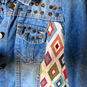 Denim Jacket for Women with Studs - Custom Reworked Jacket with Geometric Fabric - Upcycled Denim Apparel - Rock Jacket