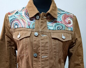 Men's Vintage Denim Jacket with abstract Gobelin Fantasy Fabric - Handmade Retro Fashion Statement Piece - Unique Gift for Him