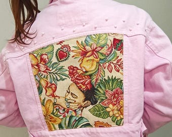 woman's pink denim jacket in pink with Frida Kahlo design, custom jean jacket size S small