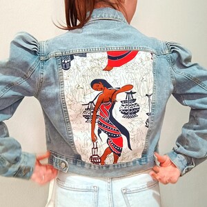 custom jean jacket with woman's figure, Woman jeans jacket with puffed sleeves