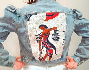 custom jean jacket with woman's figure, Woman jeans jacket with puffed sleeves