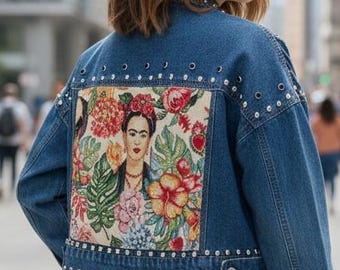 Customized Denim Jacket with Frida Kahlo Portrait and Studs - Handmade Women's Fashion Statement - Unique Denim Apparel