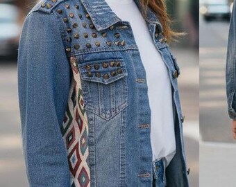 Denim Jacket for Women with Studs - Custom Reworked Jacket with Geometric Fabric - Upcycled Denim Apparel - Rock Jacket