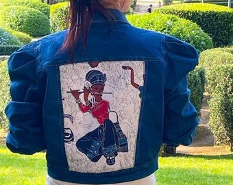 Customized jeans jacket, Blue Denim Jacket with Puffed Sleeves, Upcycled Denim Jacket