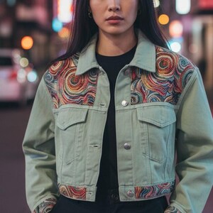 Women's Denim Jacket with Van Gogh Pattern Fabric - Unique Art-Inspired - Gree denim Jacket - Abstract denim - Embellished jacket image 1