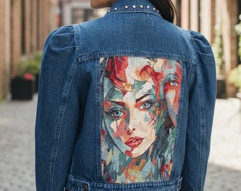 Customized Denim Jacket with Woman Portrait and Studs -Unique Denim Apparel with Pop ART style-Blue denim jacket-Woman portrait denim jacket