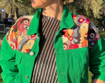 Customized Denim Jacket with Picasso Portrait - Green denim jacket for woman - Denim jacket with Picasso Style - Christmas gift idea