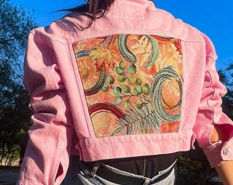 Upcycled Pink Denim Jacket with Foliage gobelin Fabric, Recycled S size jeans jacket