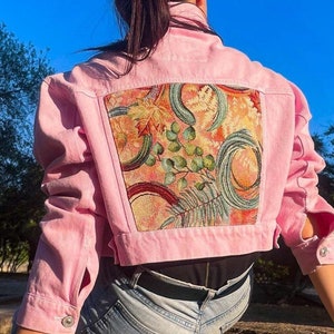 Upcycled Denim Jacket with Pink Foliage Fabric -Customized Women&#39;s Fashion Statement - Recycled denim jacket-Pink jacket- Denim Jacket