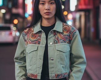 Women's Denim Jacket with Van Gogh Pattern Fabric - Unique Art-Inspired - Gree denim Jacket - Abstract denim - Embellished jacket