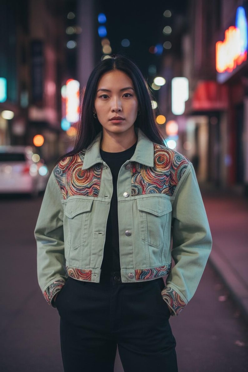 Women's Denim Jacket with Van Gogh Pattern Fabric - Unique Art-Inspired - Gree denim Jacket - Abstract denim - Embellished jacket image 1