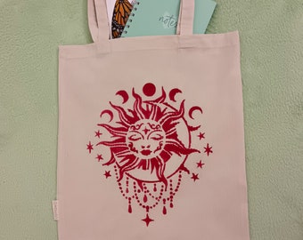 Tote Bag Handpainted - Yoga Inspired Tote Bag - White Tote for Woman-  Moon bag - Long Shoulder Tote Bag - Moon Wild Child Tote Bag