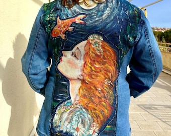 Customized Women's Denim Jacket, Women's Denim Jacket, Hand Drawn Women's Jacket