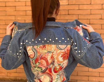 Customized Denim Jacket and skirt with cotton fabric fantady, Upcycle Denim jacket with pearls