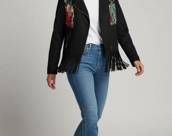 Customized Black Velvet  Woman's Jacket with Frida Kahlo, Vintage Women's Outerwear with Fringes