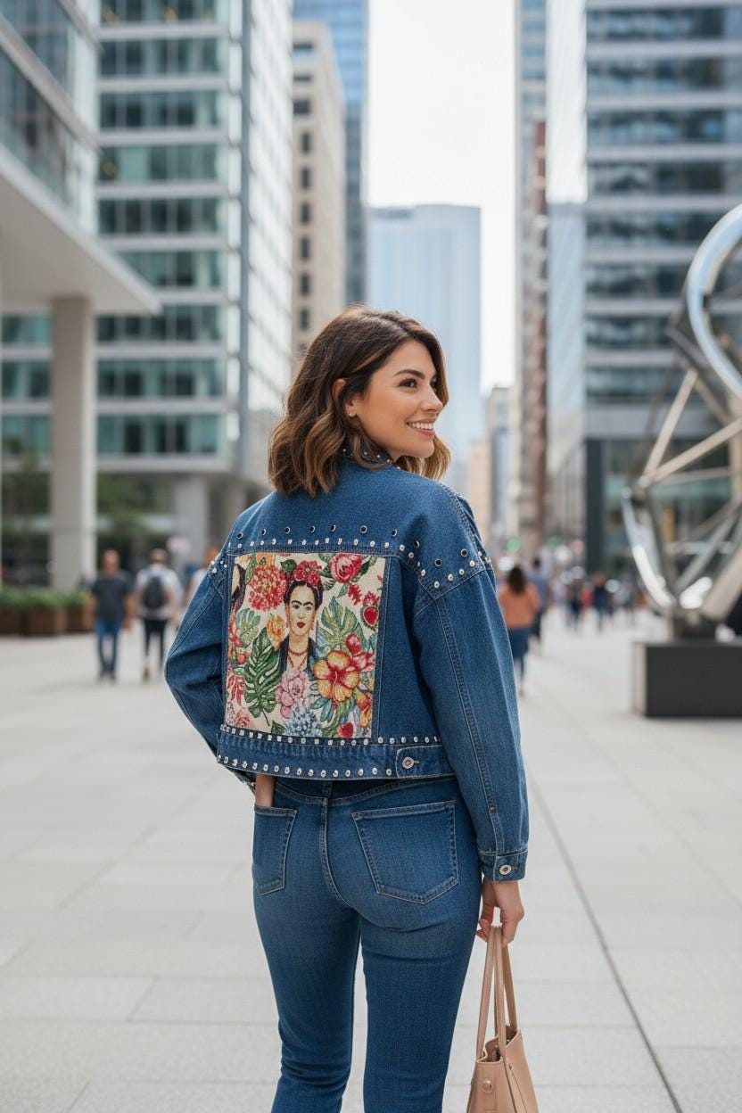 Customized Denim Jacket With Frida Kahlo Portrait and Studs