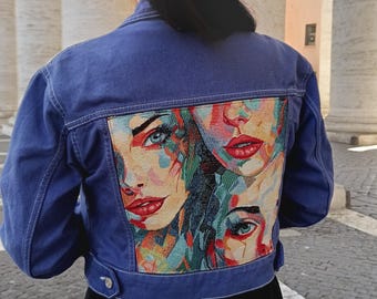 Custom jean jacket with a woman motif pattern, Upcycled jeans jacket