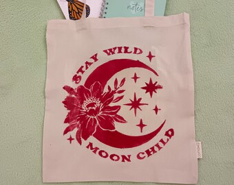 Tote Bag Handpainted - Yoga Inspired Tote Bag - White Tote for Woman- Moon inspired tote bag - Long Shoulder Tote Bag - Wild Child