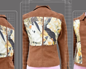 Woman Jacket - Customized Woman Jacket with Animal Fabric Pattern - Handmade Light Brown Velvet Outerwear - Upcycled jacket