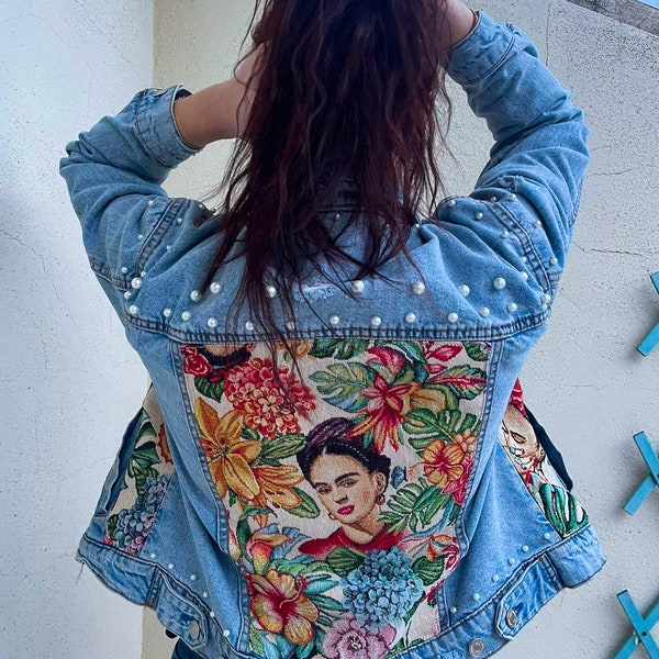 Customized Denim Jacket with Frida Kahlo Portrait and Studs - Handmade Women's Fashion Statement - Unique Denim Apparel